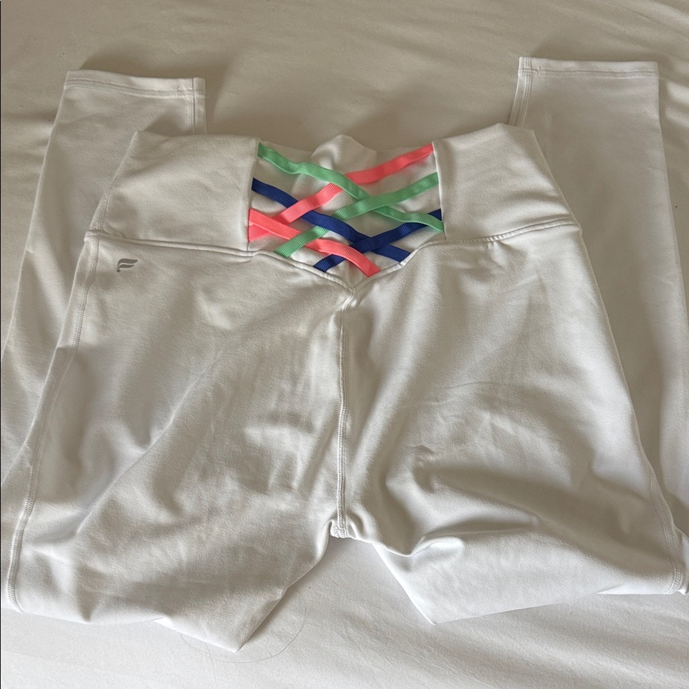 Fabletics White Leggings with Multicolor Braided Waistband